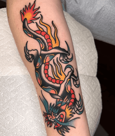 A tattoo of a dragon.