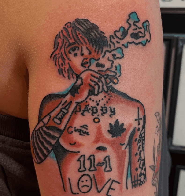Tattoo of Lil Peep smoking weed.