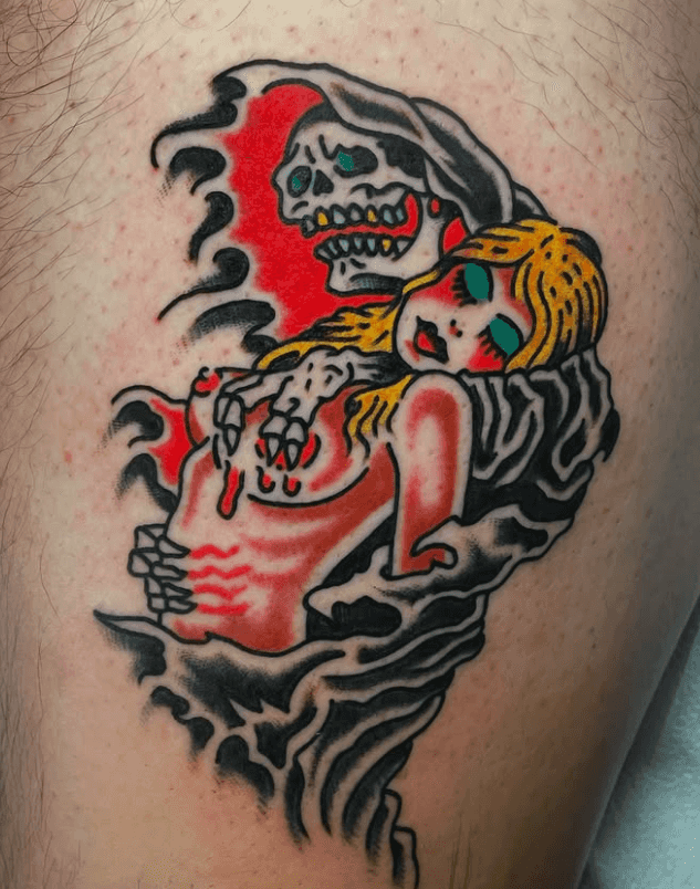 Tattoo of the grim reaper clutching a nude woman's breast.