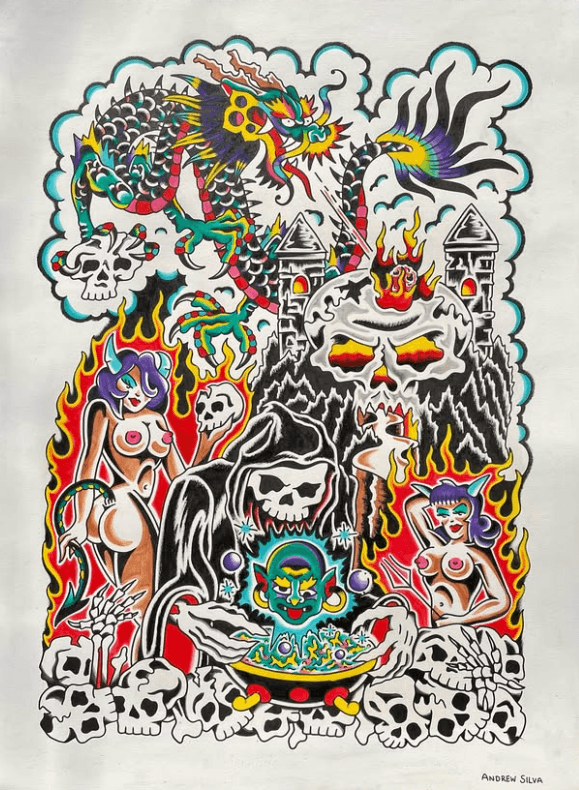 A sheet of hand-drawn flash tattoos by the artist.