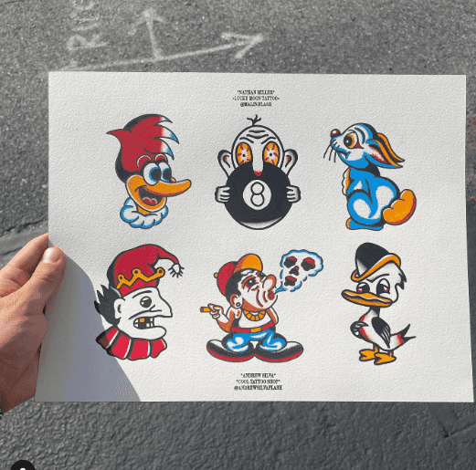 A large sheet of hand-drawn flash designs by the artist.